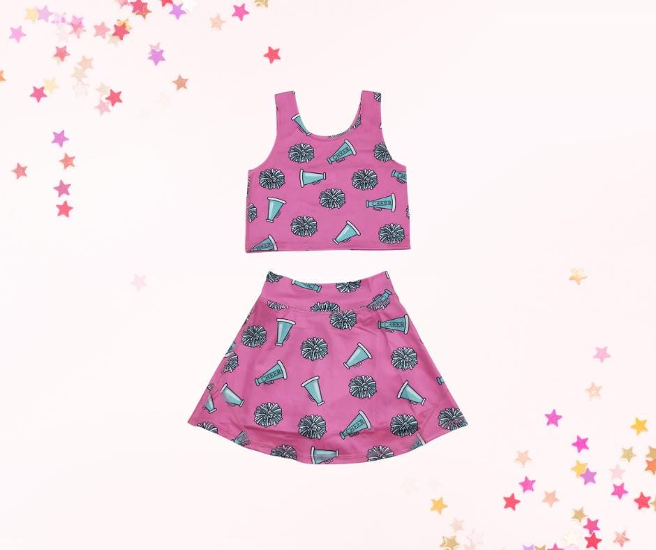 Skort set and mini purse, pink cheer pom, athletic skort, athleisure, kids clothing, top set