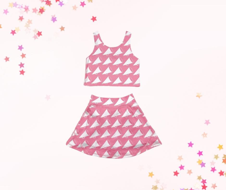 Skort set and mini purse, pink cheer, athletic skort, athleisure, kids clothing, top set