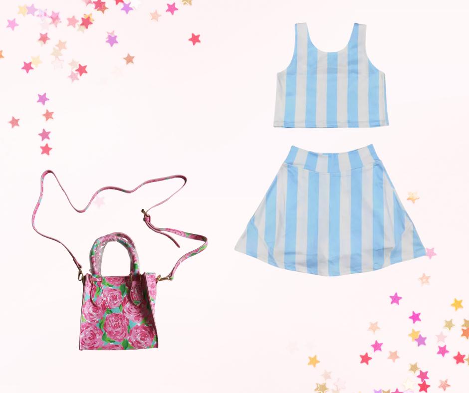 Skort set and mini purse, Blue stripe, athletic skort, athleisure, kids clothing, top set