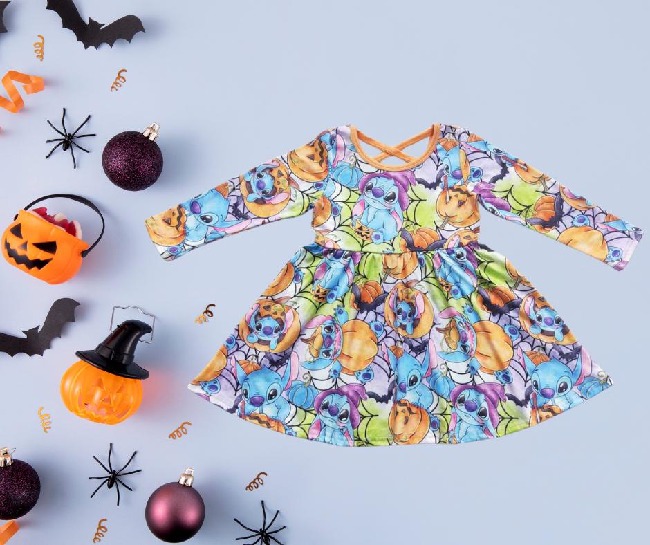 Girls Halloween Dress – Pumpkin Blue Alien | Long Sleeve Fall Outfit | Toddler to Big Girl Sizes