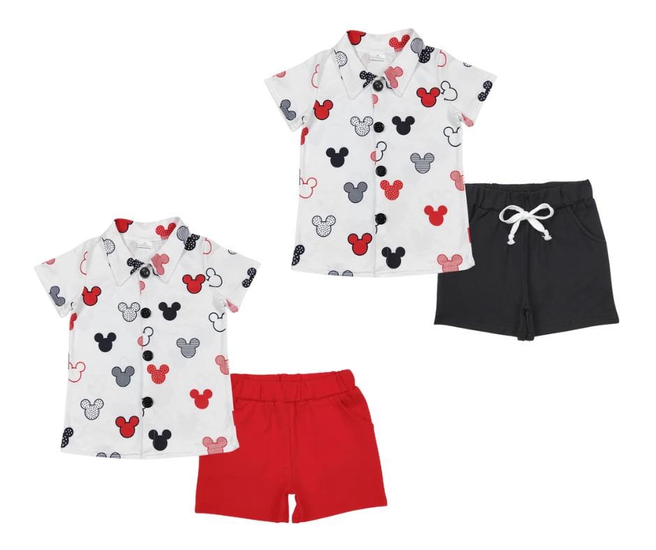 Boys Mouse Ears Print Park Outfit| 2 Color Choices – Baby, Toddler, Kid, Teen, 2-Piece Character Set