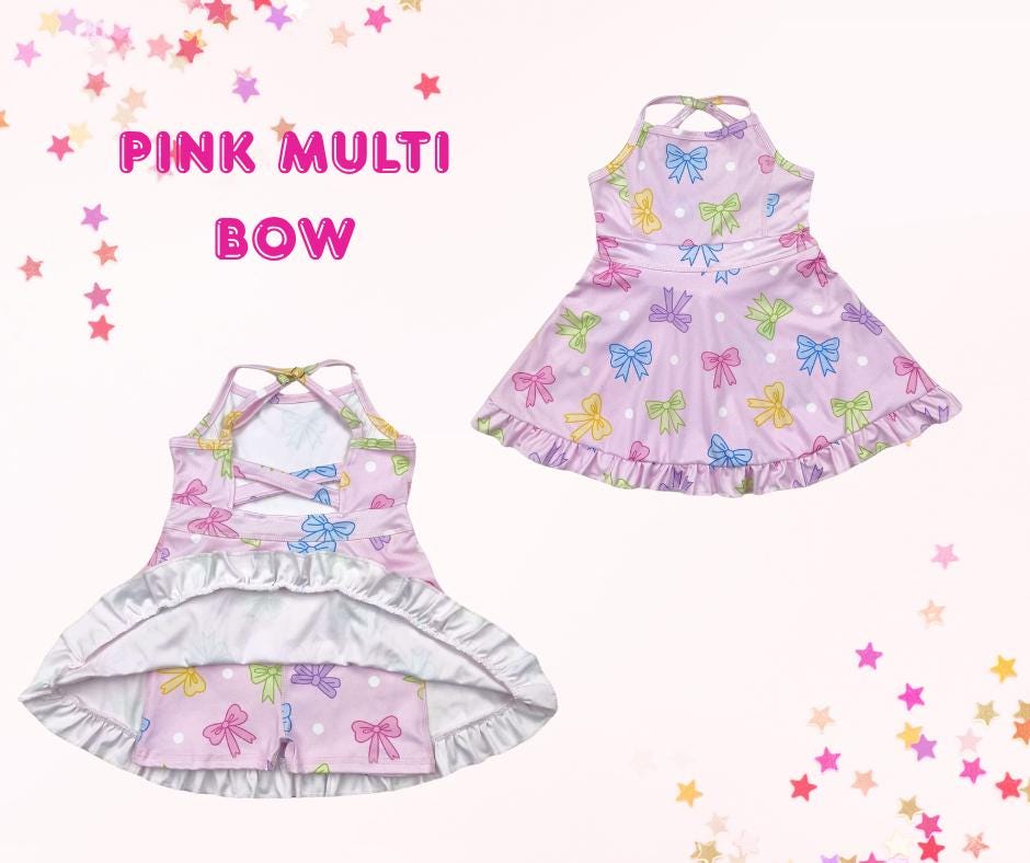Girls Athletic Dress with Shorts – Criss Cross Back, Ruffle Hem, Coquette Bow Print, Toddler & Kids Tennis Dress