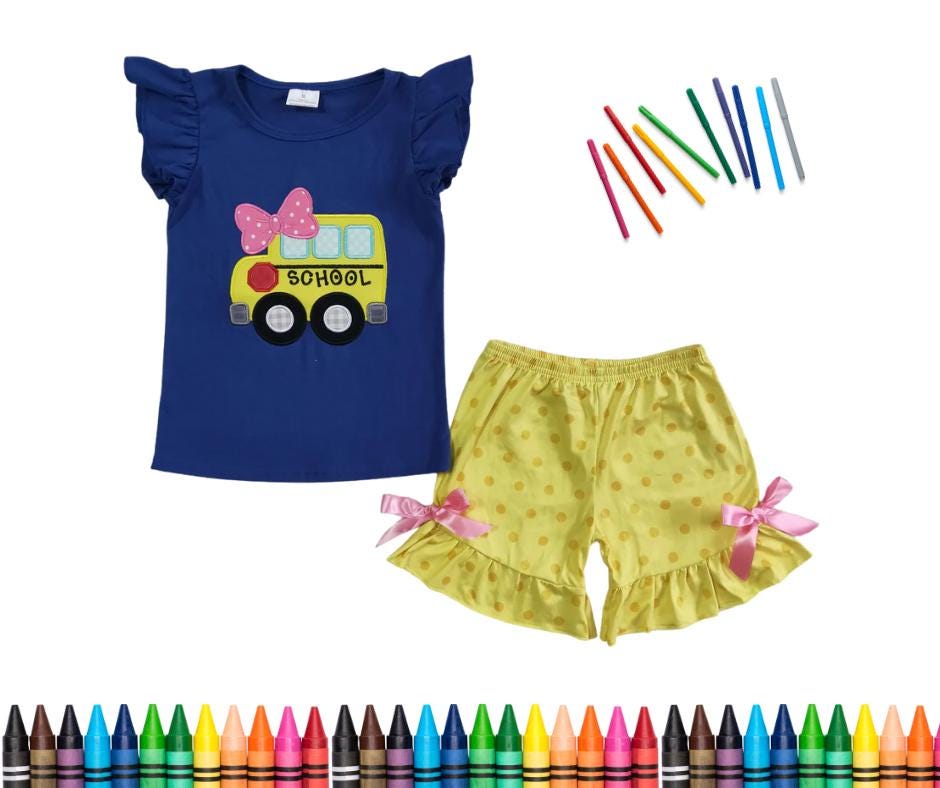 Girls Shorts and Top Set, Bus & Bows – Back to School Outfit | Toddler to Big Girl