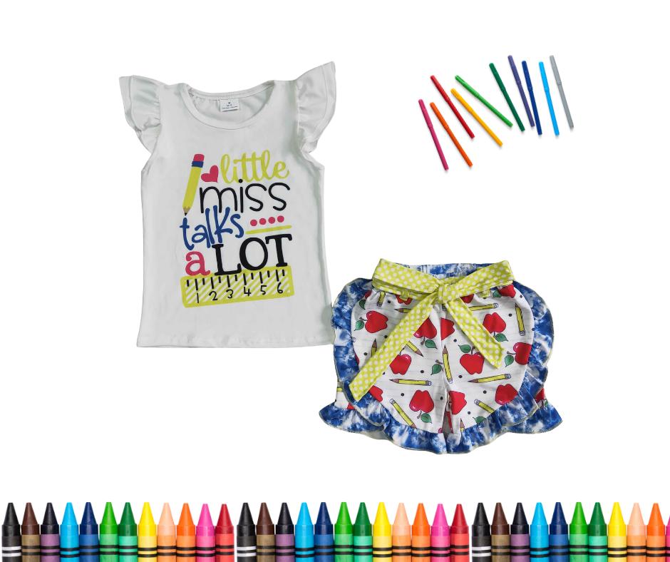 Girls Shorts and Top Set, Little Miss Talks A Lot – Back to School Outfit | Toddler to Big Girl