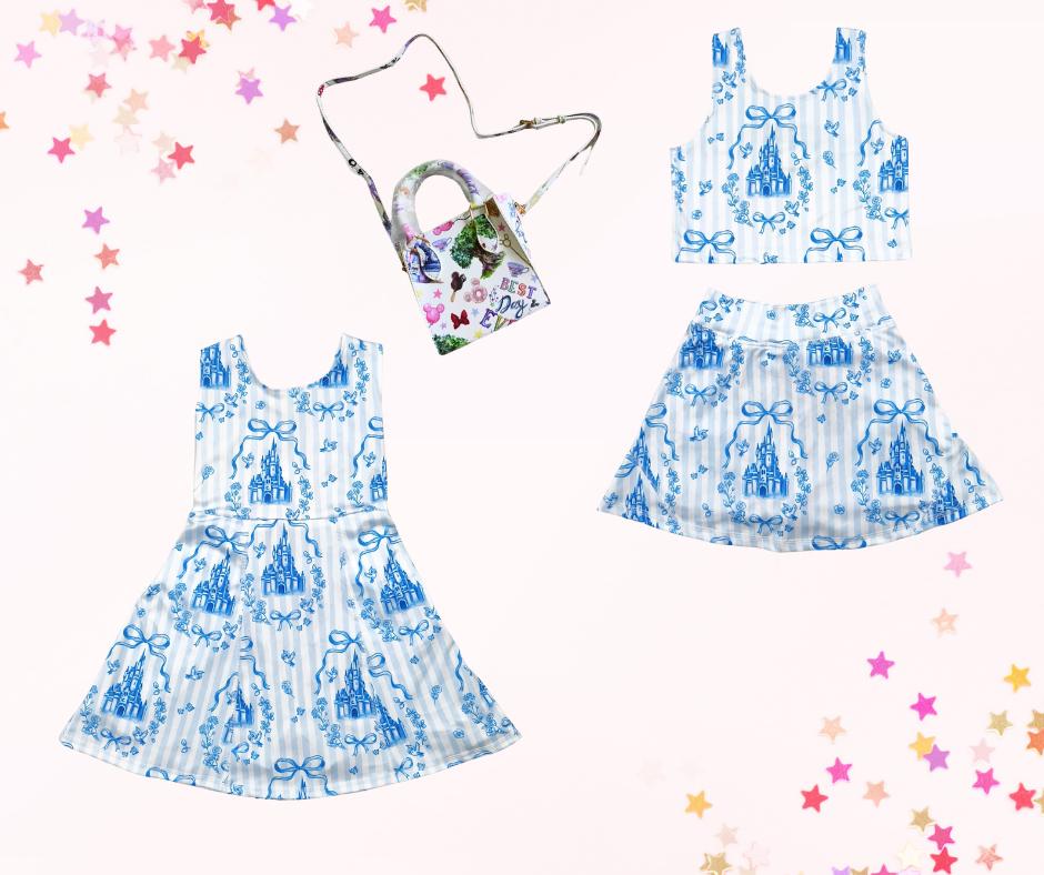 Retro blue coquette castle skort set or dress, athletic skort, athleisure, kids clothing