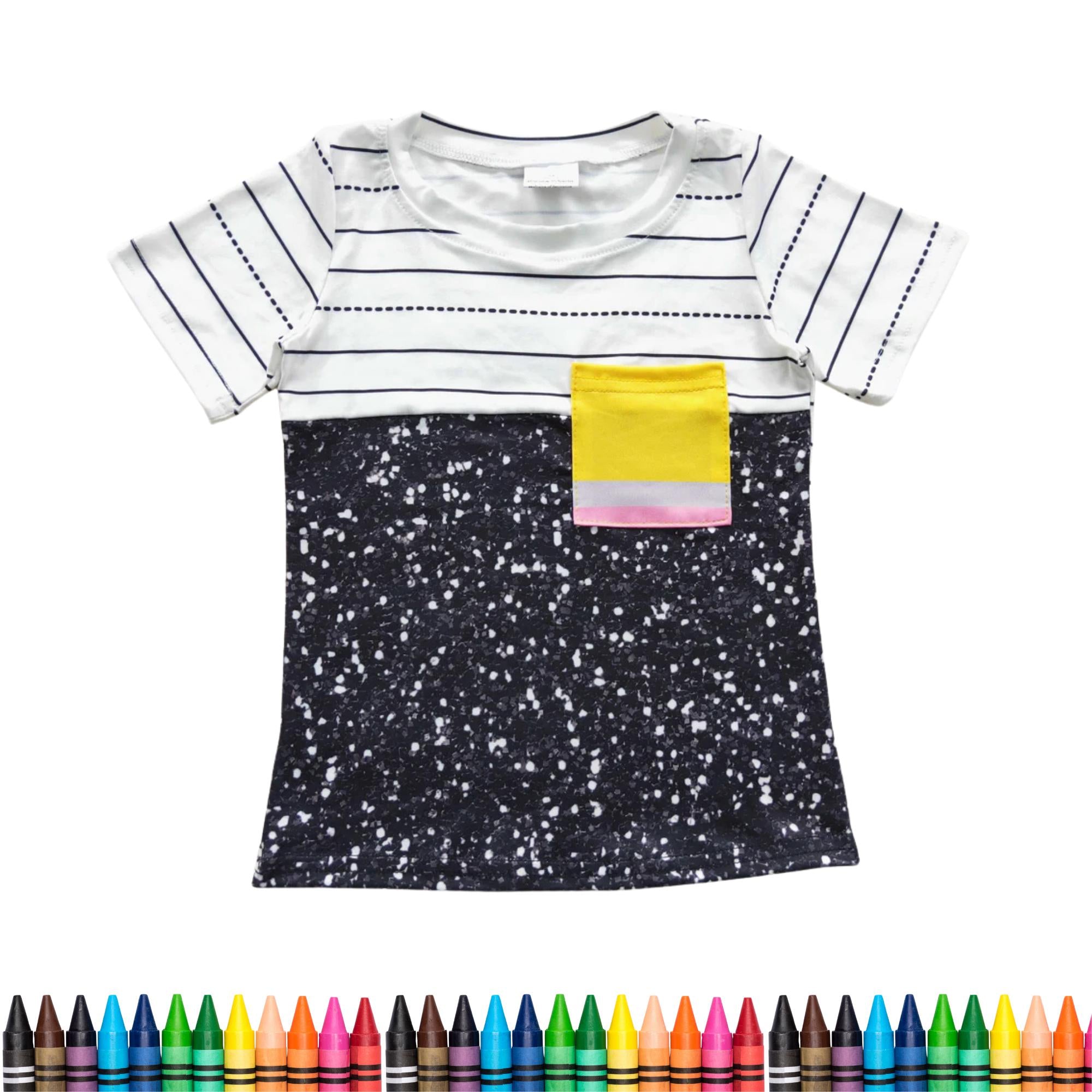Back to School Kids Outfit – Girls Flutter Sleeve Dress or Boys Tee – Pencil & Notebook Print