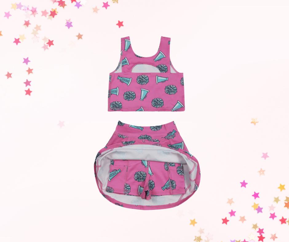 Skort set and mini purse, pink cheer pom, athletic skort, athleisure, kids clothing, top set