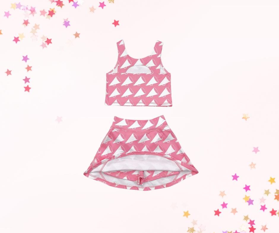 Skort set and mini purse, pink cheer, athletic skort, athleisure, kids clothing, top set