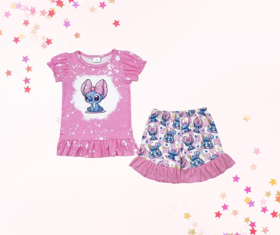 Girls Shorts and Top Set, Pink Blue Alien – Back to School Outfit | Toddler to Big Girl