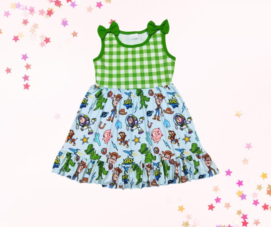 Toys Inspired Girls Twirl Dress with Bows, Summer Dress for Babies, Toddlers and Kids, Park Outfit