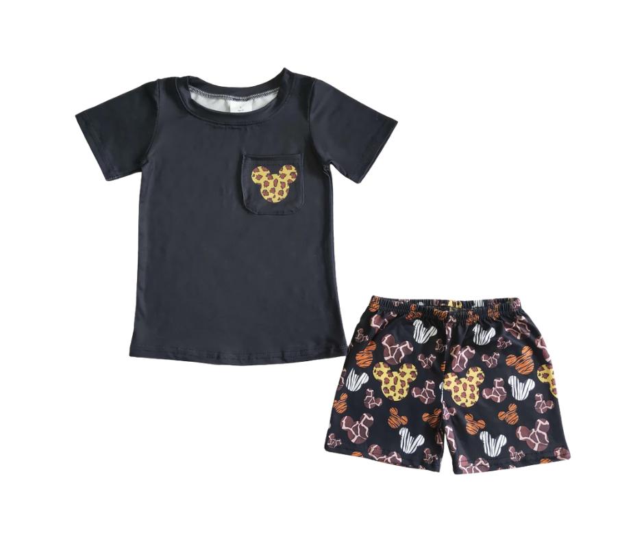 Boys Animal Mouse Ears Print Park Outfit – 2-Piece Character Set with Elastic Waist Shorts