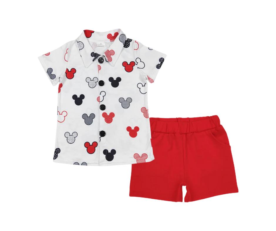 Boys Mouse Ears Print Park Outfit| 2 Color Choices – Baby, Toddler, Kid, Teen, 2-Piece Character Set