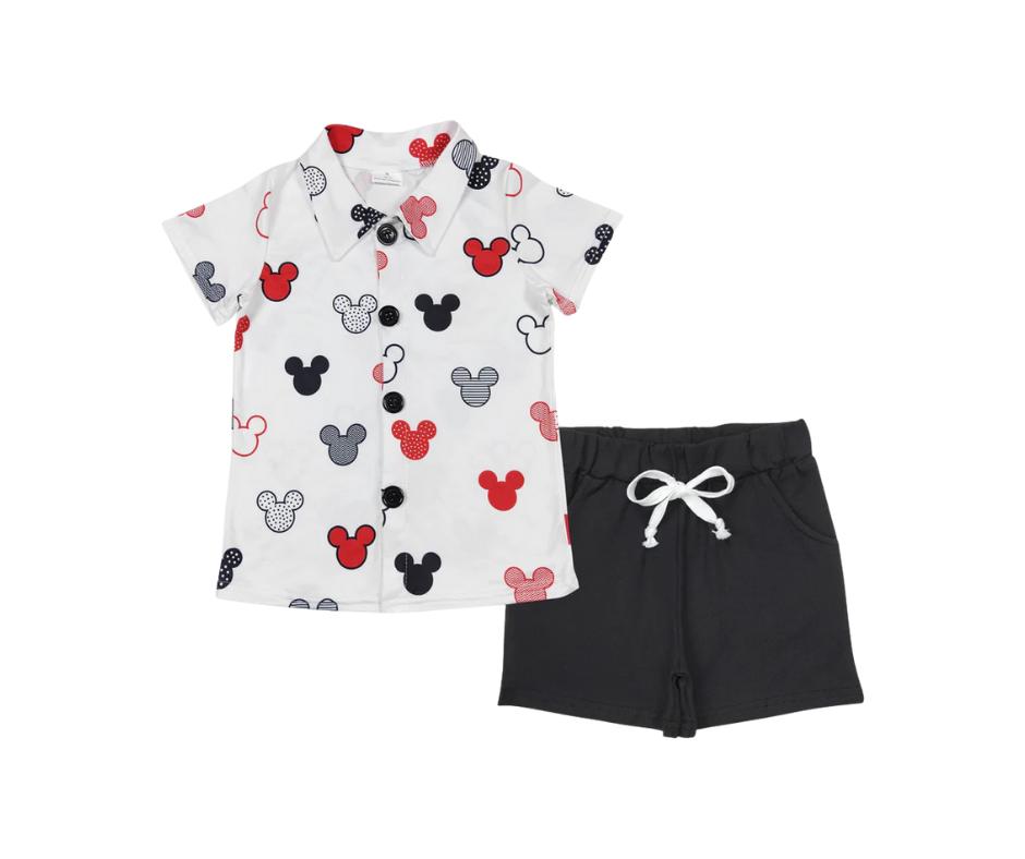 Boys Mouse Ears Print Park Outfit| 2 Color Choices – Baby, Toddler, Kid, Teen, 2-Piece Character Set