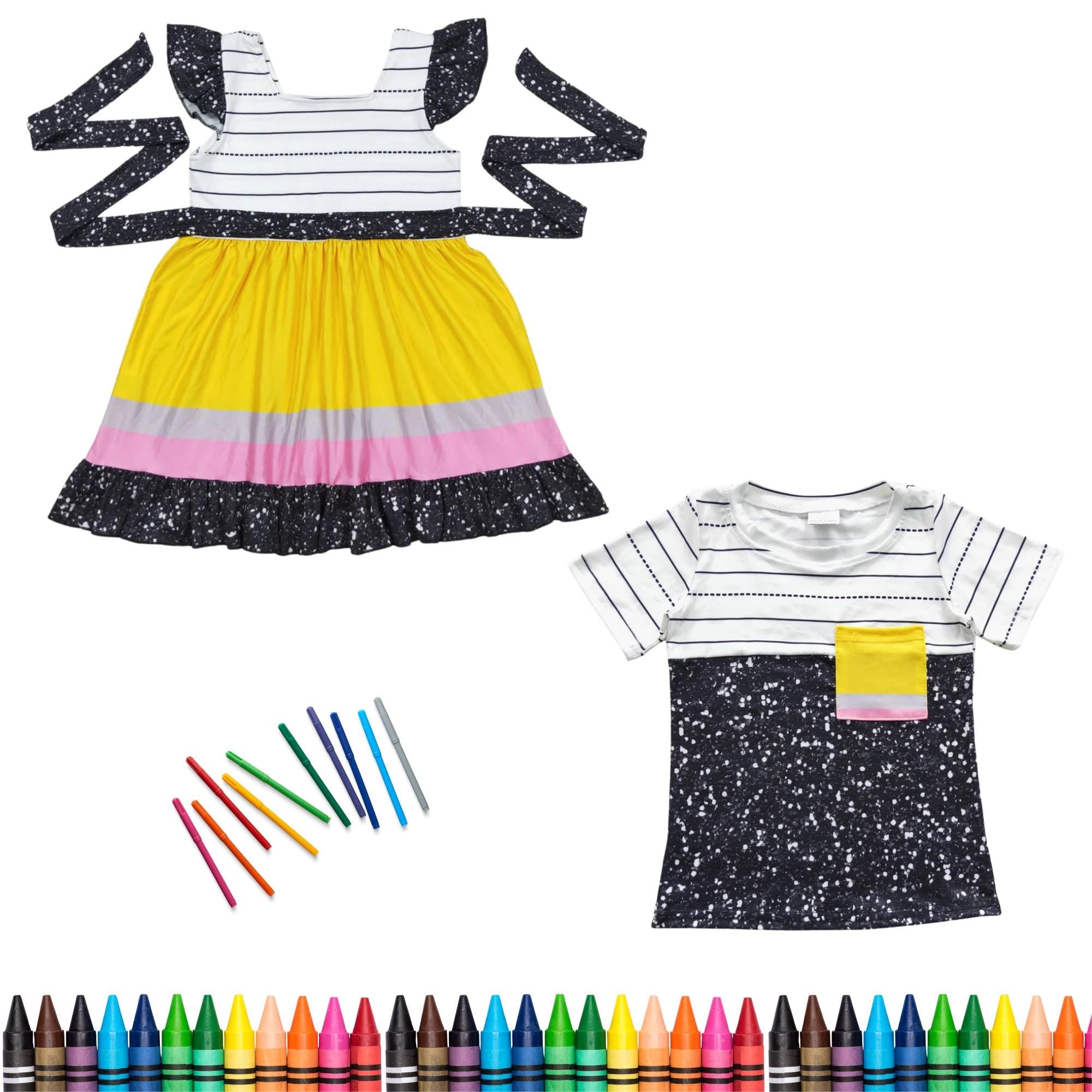 Back to School Kids Outfit – Girls Flutter Sleeve Dress or Boys Tee – Pencil & Notebook Print